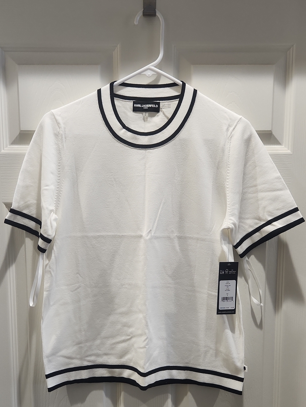 Karl Lagerfeld White Short-Sleeve Knit Tee with Black Stripe Trim